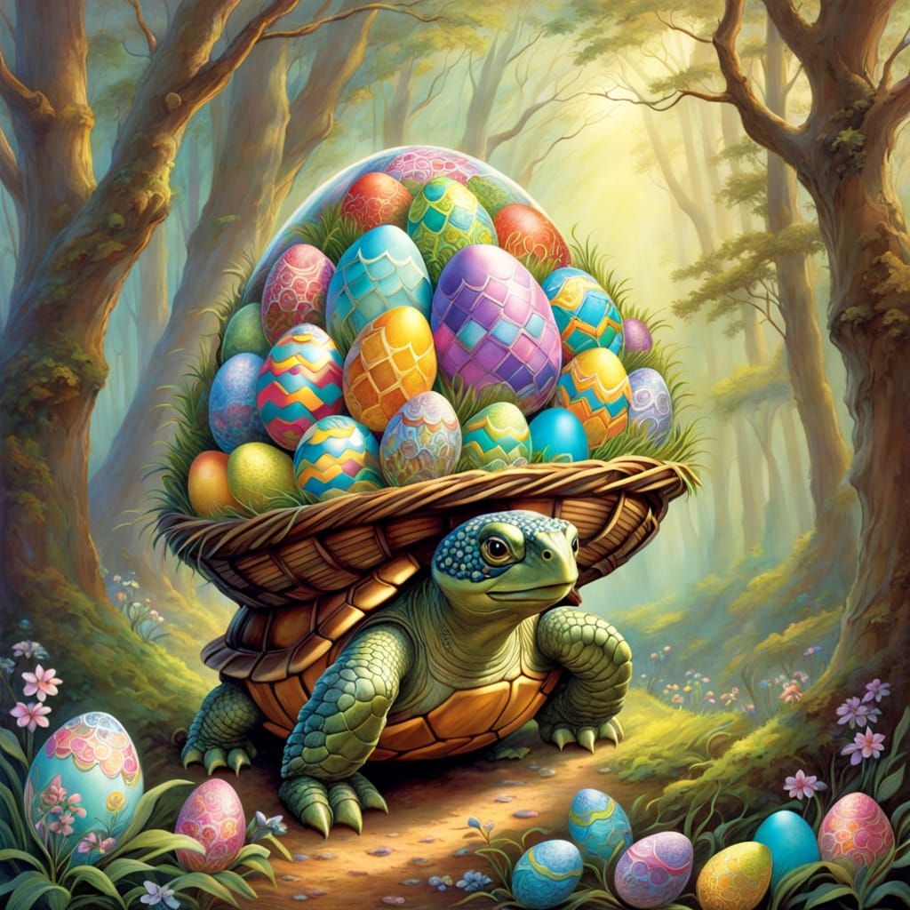 Turtle Carries a Giant Easter Egg in a Whimsical Forest Scen...