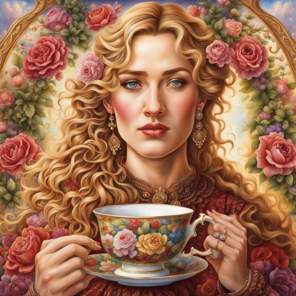 Woman Holding Tea Cup in Fantasy Art Style
