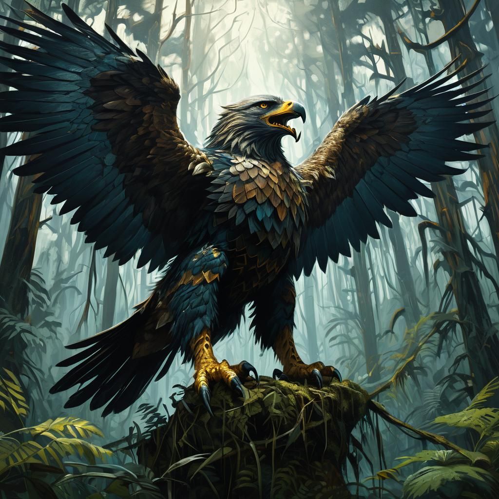 Eagle-Wolf Fusion in Dark Fantasy Art Nouveau Style