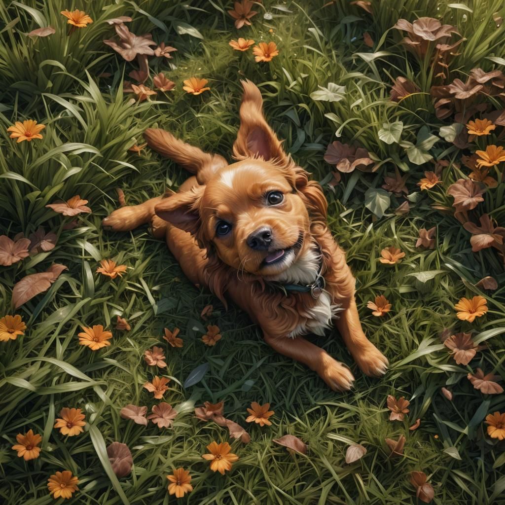 Brown Puppy in Grass: Detailed Matte Painting