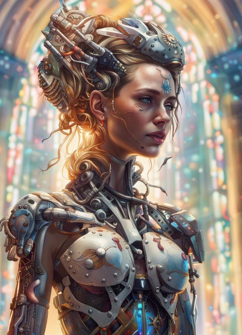 Cyborg Bride Portrait in Hyperrealistic Splash Art Style