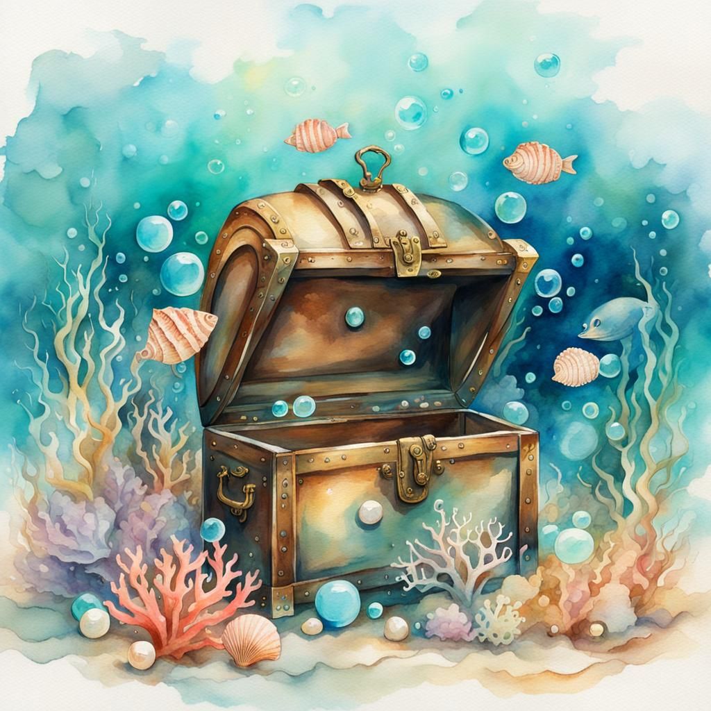 Antique Treasure Chest Underwater in Watercolour