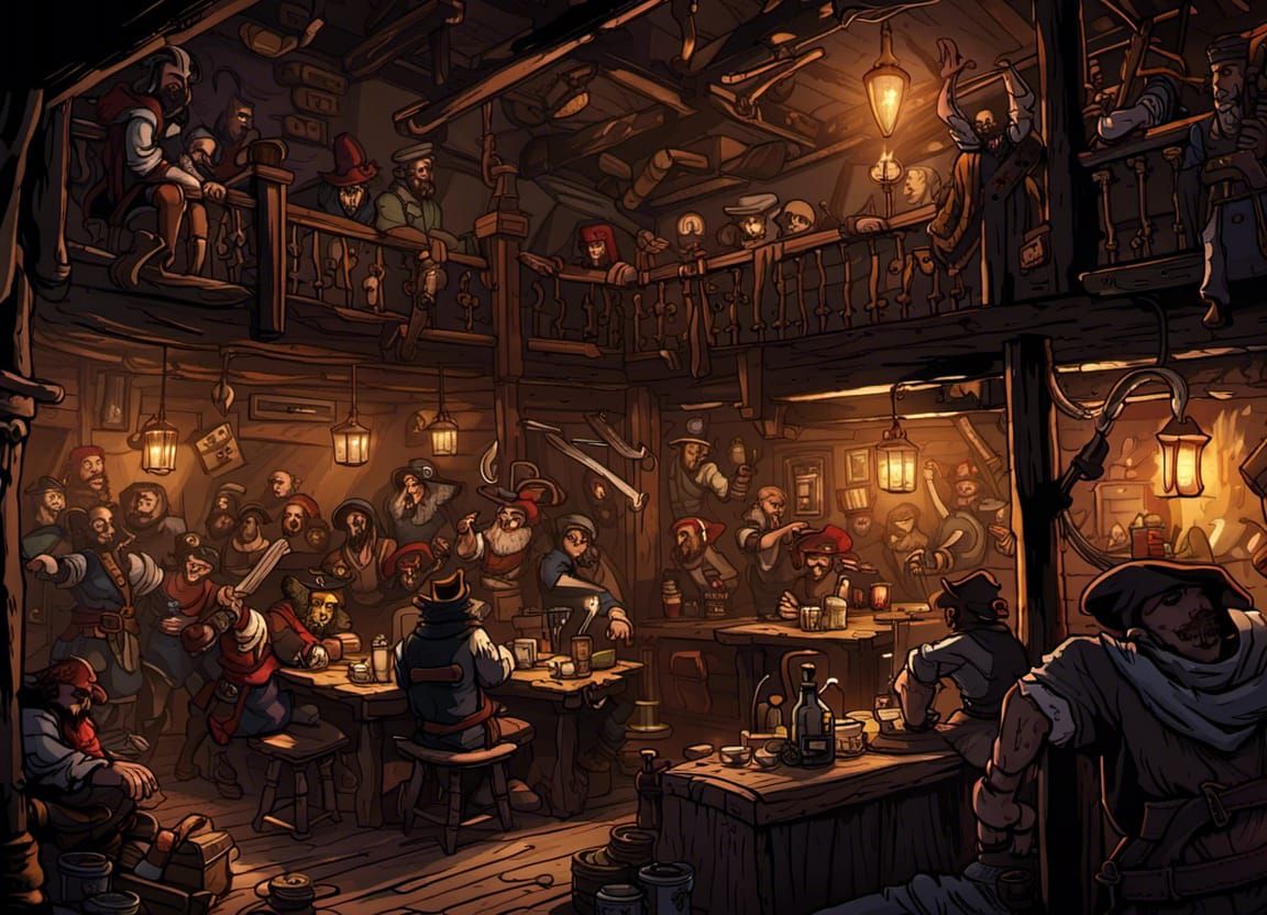 Crowded Pirate Tavern at Night