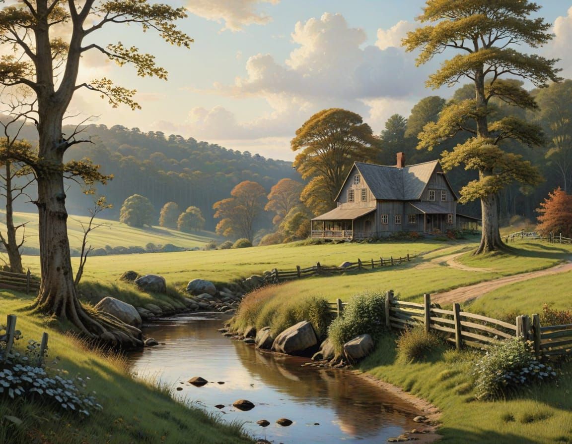 Idyllic Farm Landscape in Illustration Style