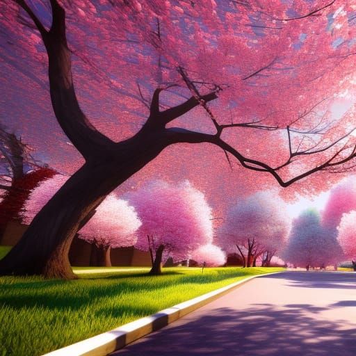 Cherry Blossom Tree in Wind: Detailed Fantasy Art