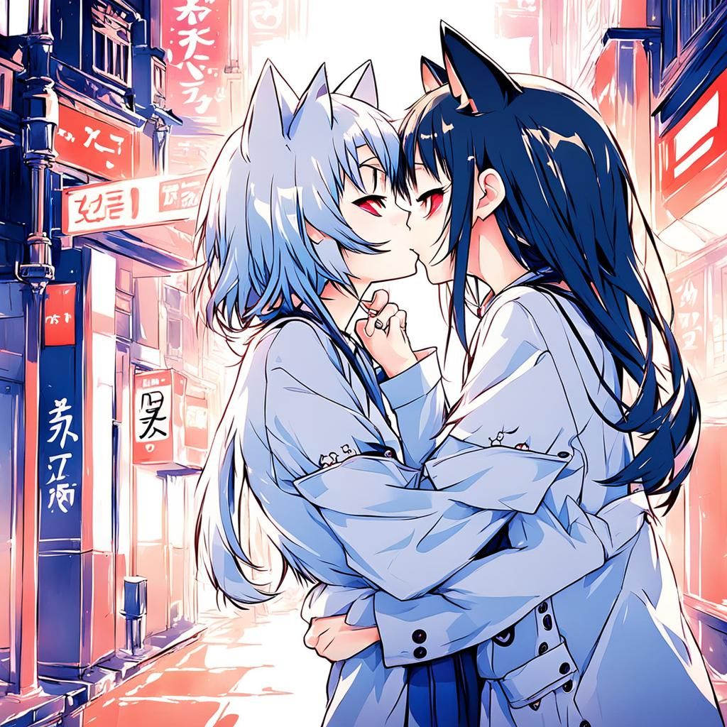 Anime Neko Girls Kissing in Manga Style