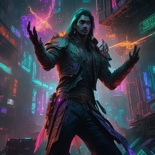Cyberpunk Elementalist in a Neon Cityscape