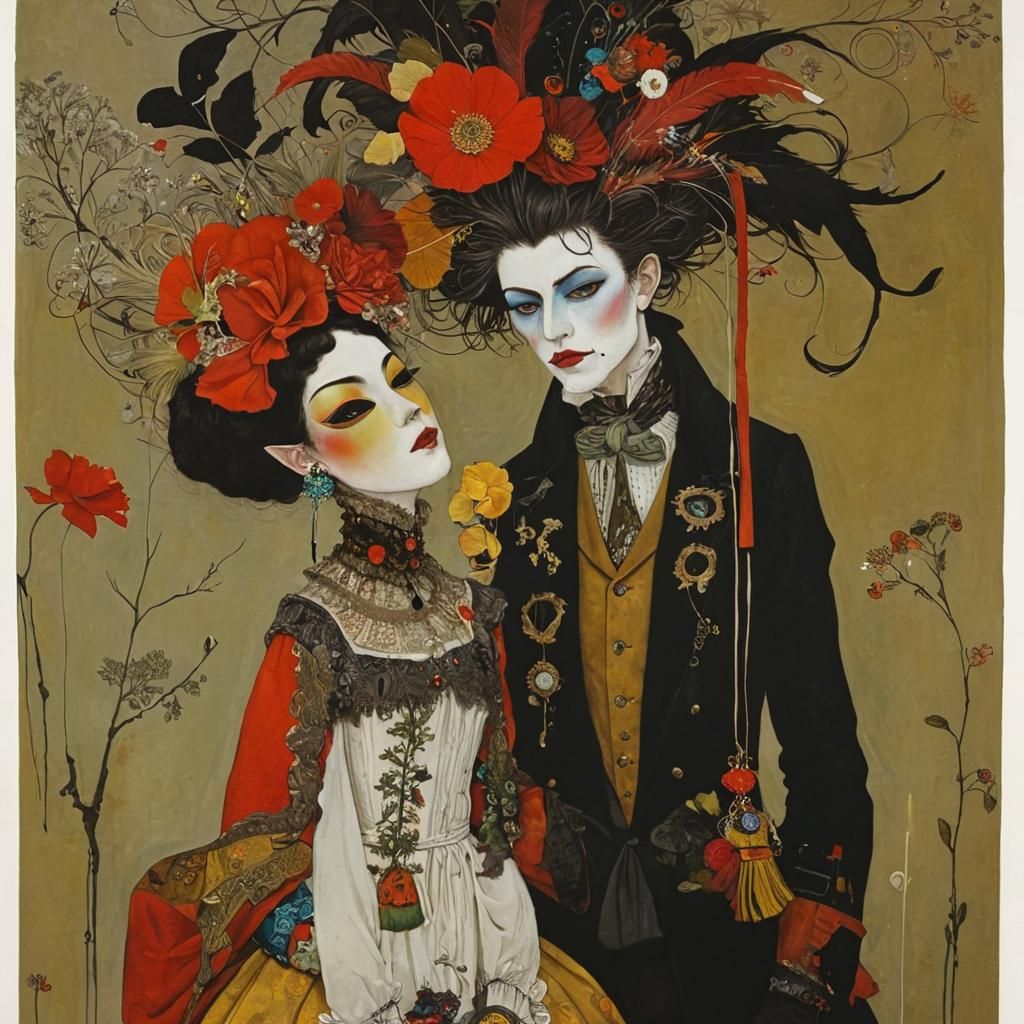 Masked Figure Attends Masquerade Ball in Dark Art Style