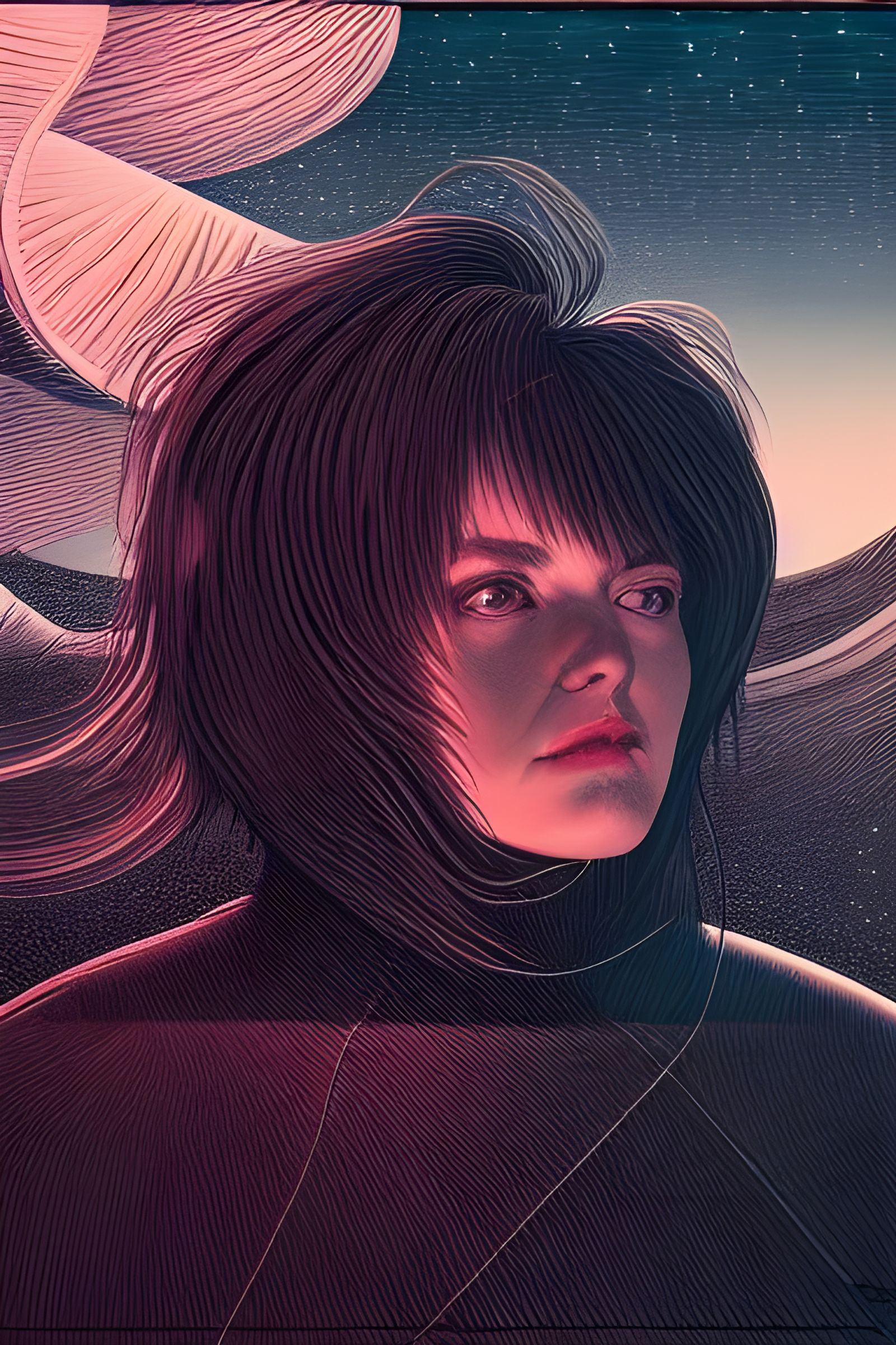 Lonely Woman Portrait in Surreal Sci-Fi Style
