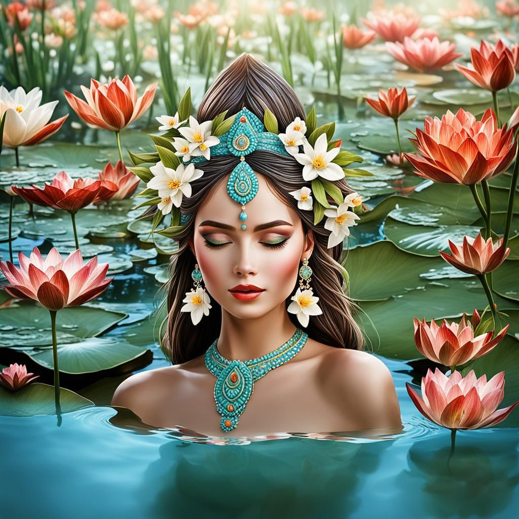 Elegant Water Goddess in Indian Style Garden