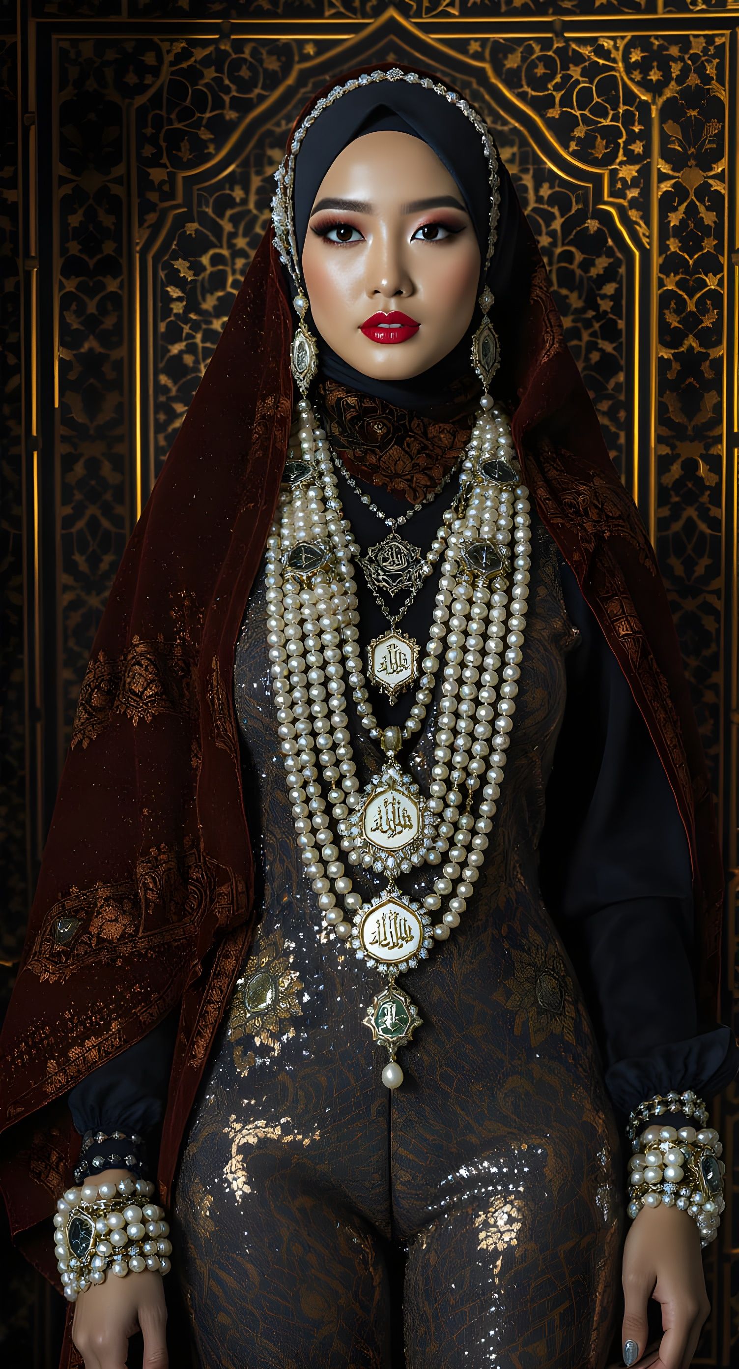 Hijab Fashion: Shiny Jumpsuit with Pearl Body Chain