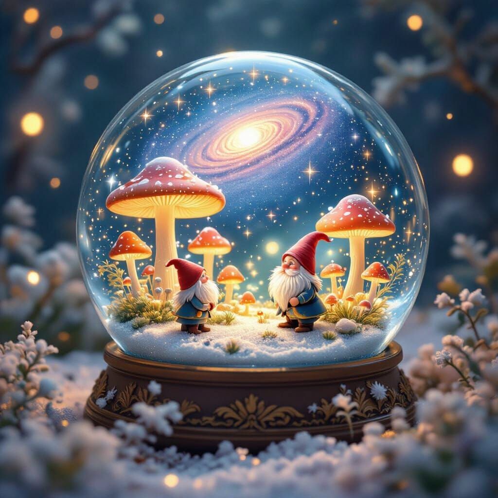 Miniature Gnome World in Snow Globe, Painterly Style