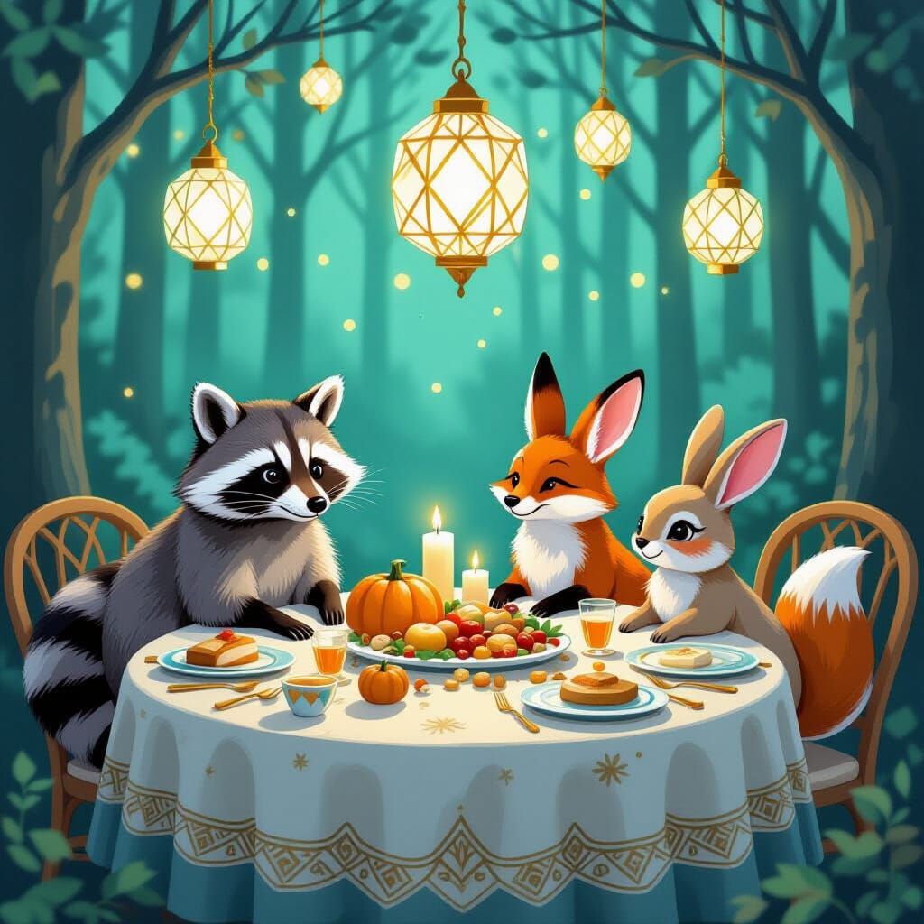 Woodland Animals Celebrate Thanksgiving in Art Deco Style