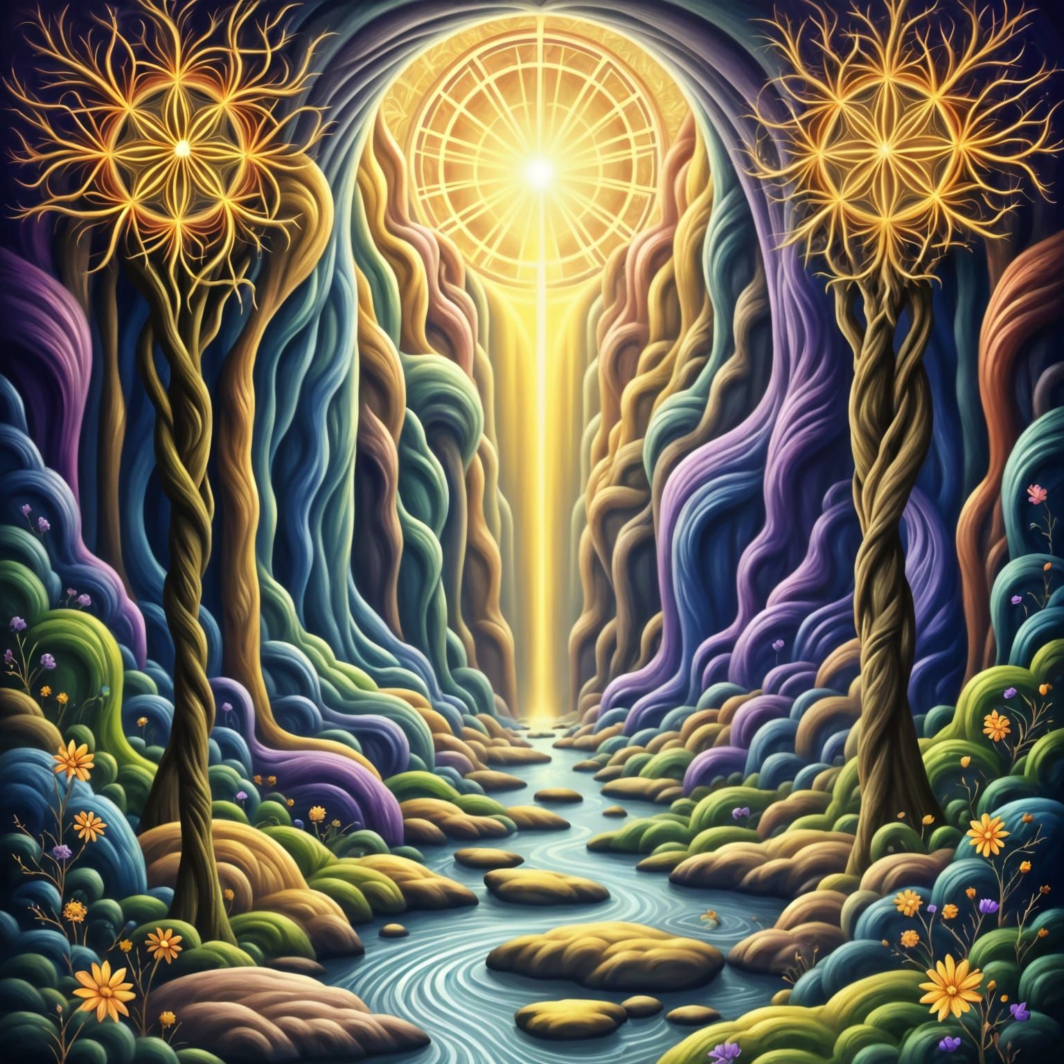 Golden Waterfall with Bohemian Mandala Style