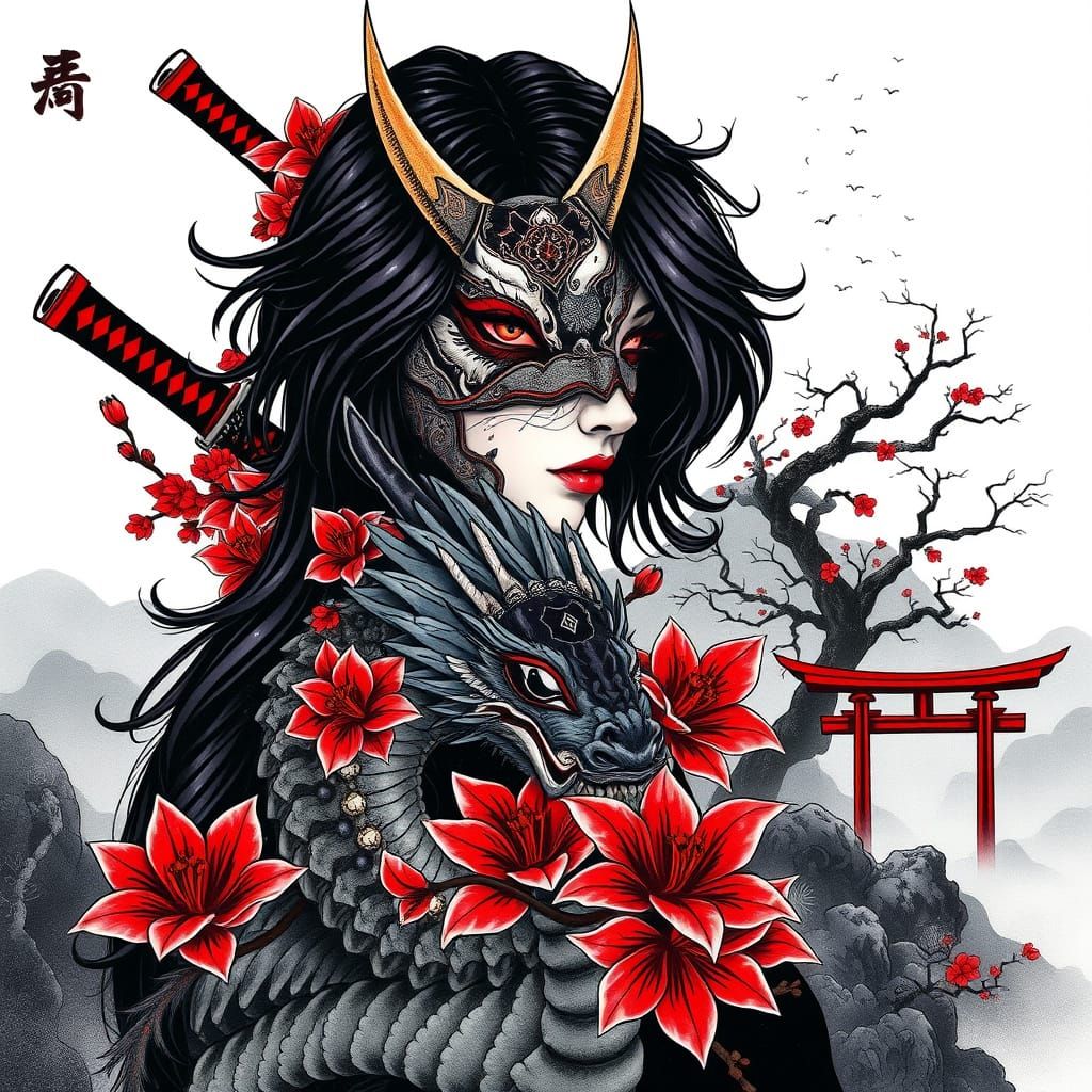 Oni Mask Tattoo Design with Dragon and Spider Lilies
