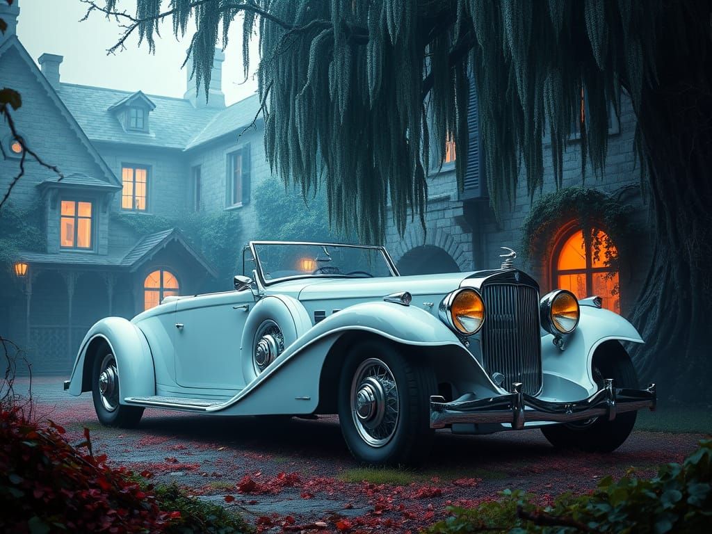 Vintage Car at Overgrown Manor in Bauhaus Style