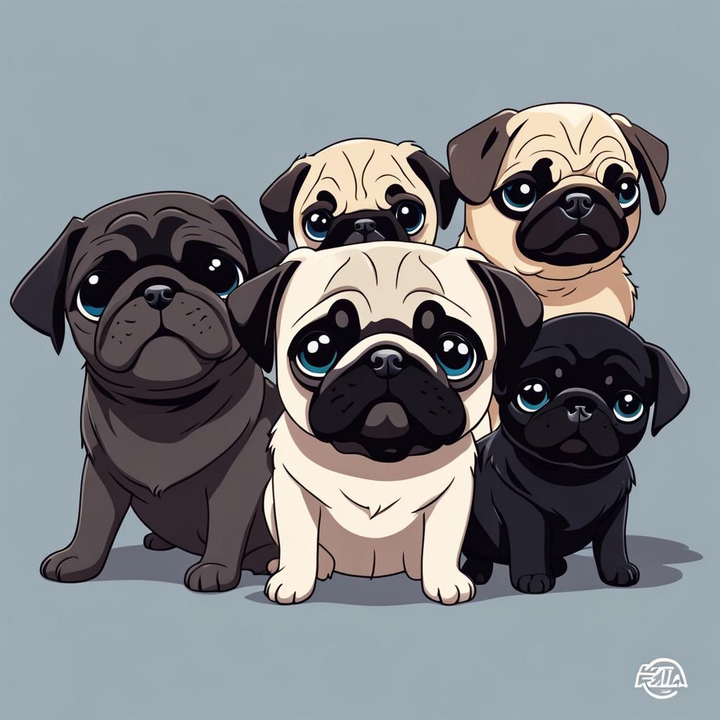 Three Pugs in Anime Key Visual Style