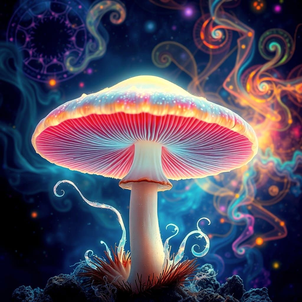 Bioluminescent Mushroom: Holographic Cosmic Illustration