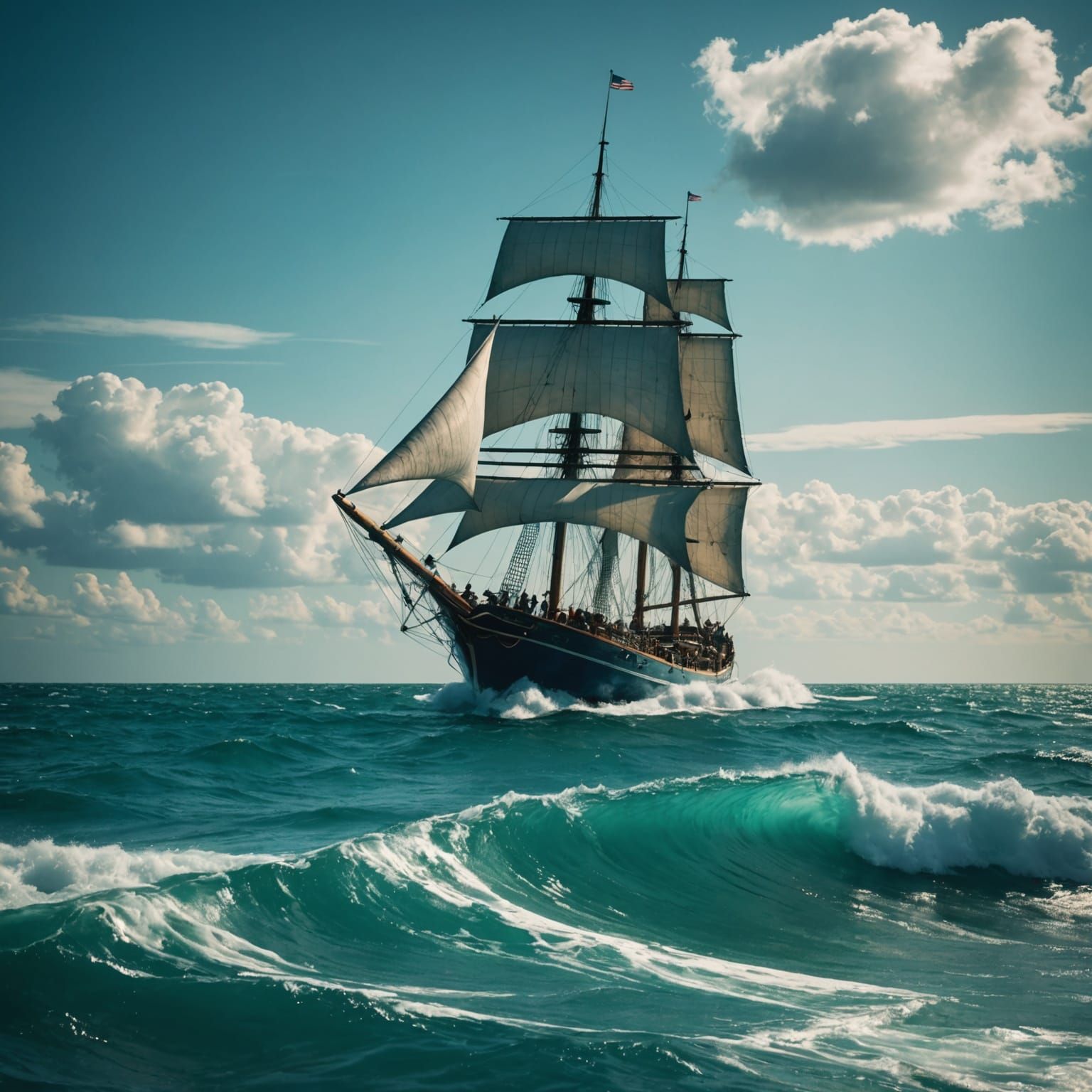 Fantasy Sailboat Victory on Blue-Green Ocean: Cinematic