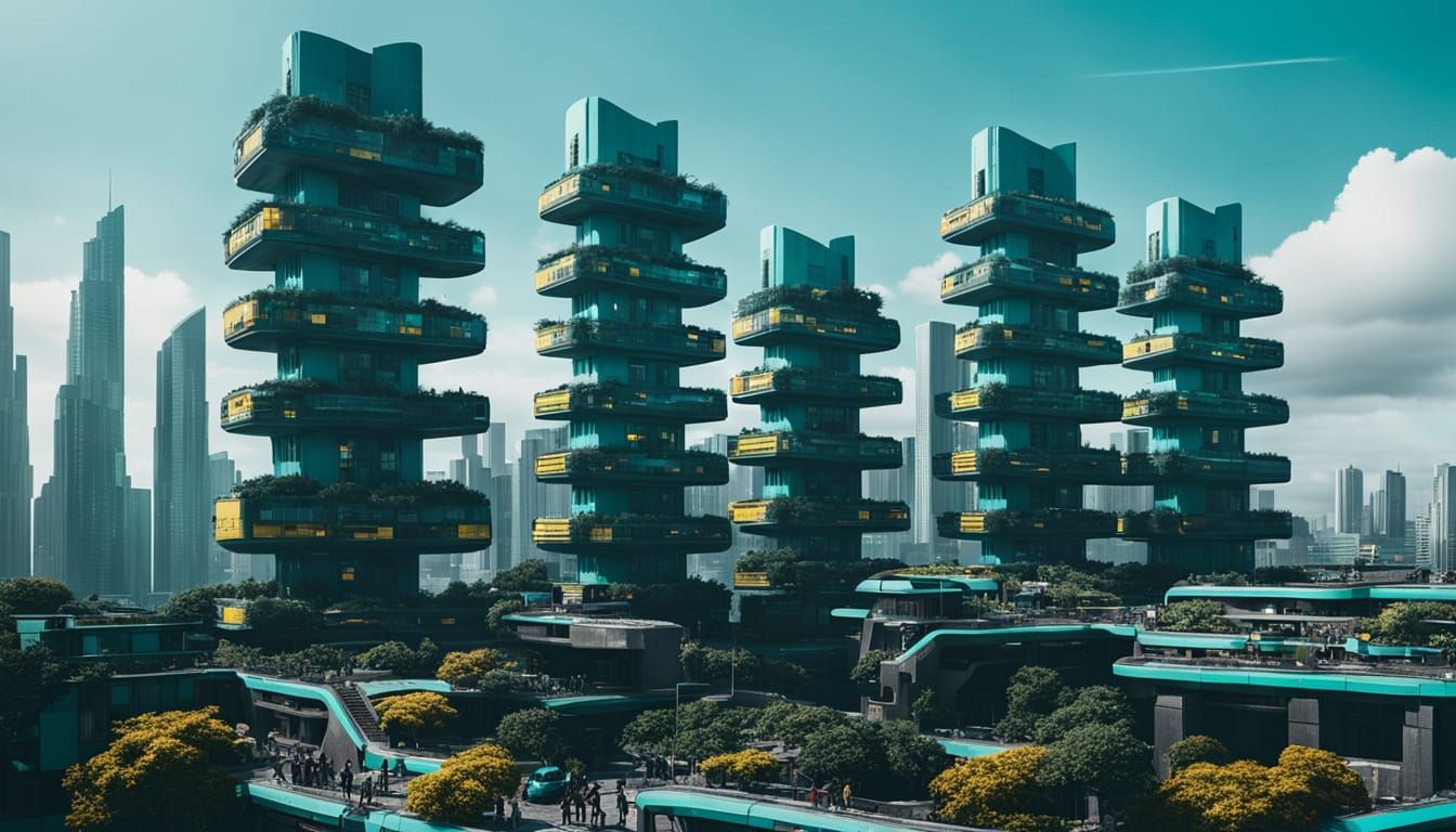 Cyberpunk Future Cityscape in Teal and Yellow