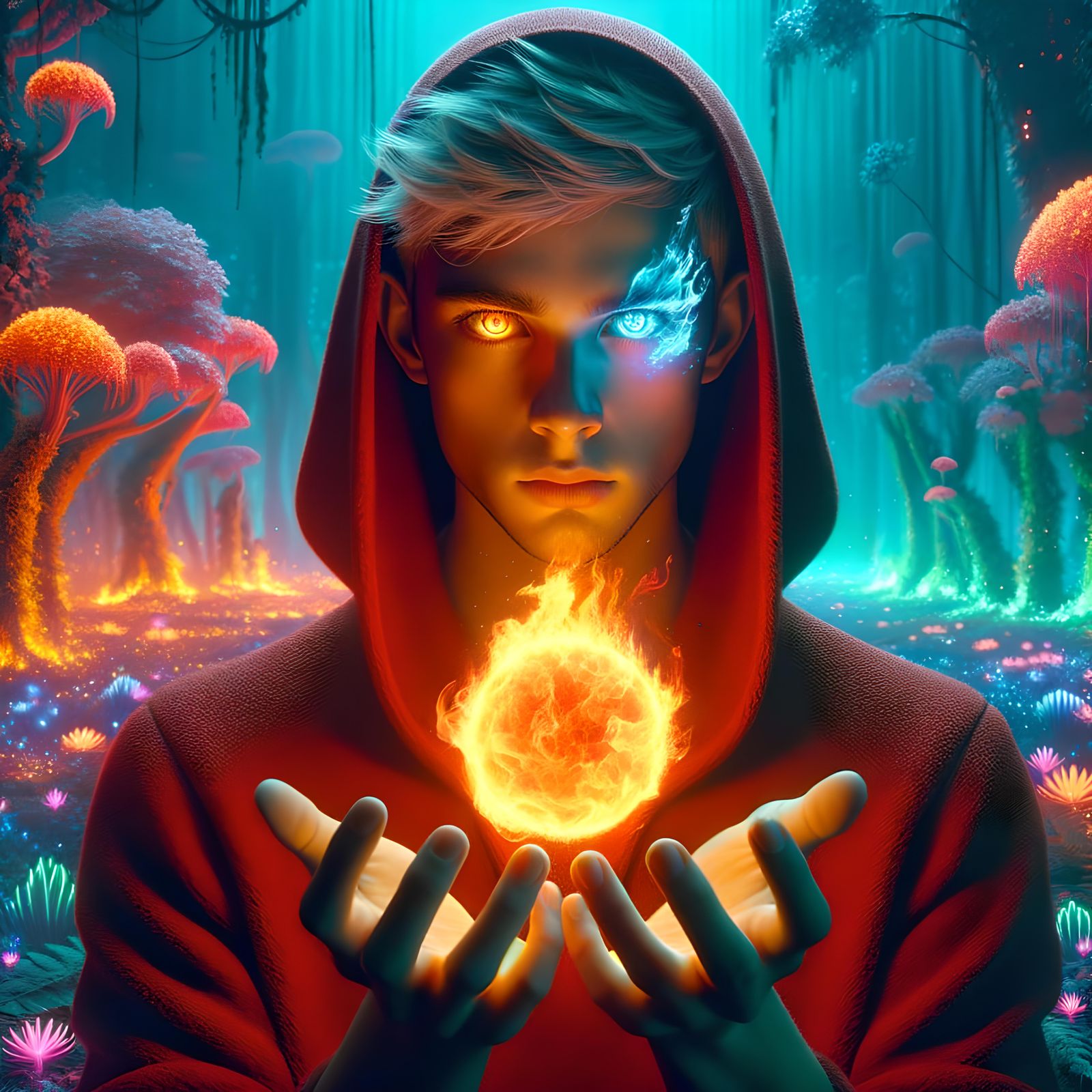 Fire Wizard in Fluorescent Rainforest Digital Art
