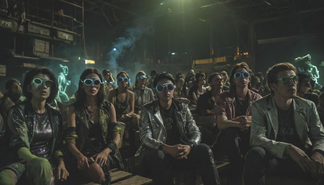 Psychedelic Rave with Glitching Projections in Sci-Fi Hangar