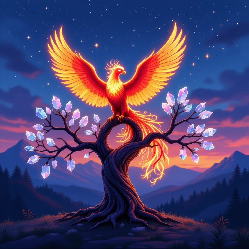 Glowing Phoenix Rests on Crystal Tree Under Twilight Sky