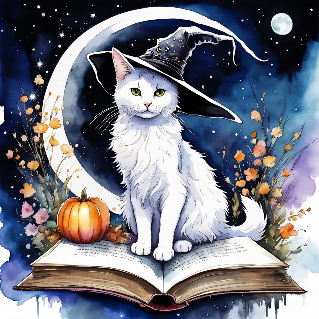 Tuxedo Cat Sorcerer with Magical Book