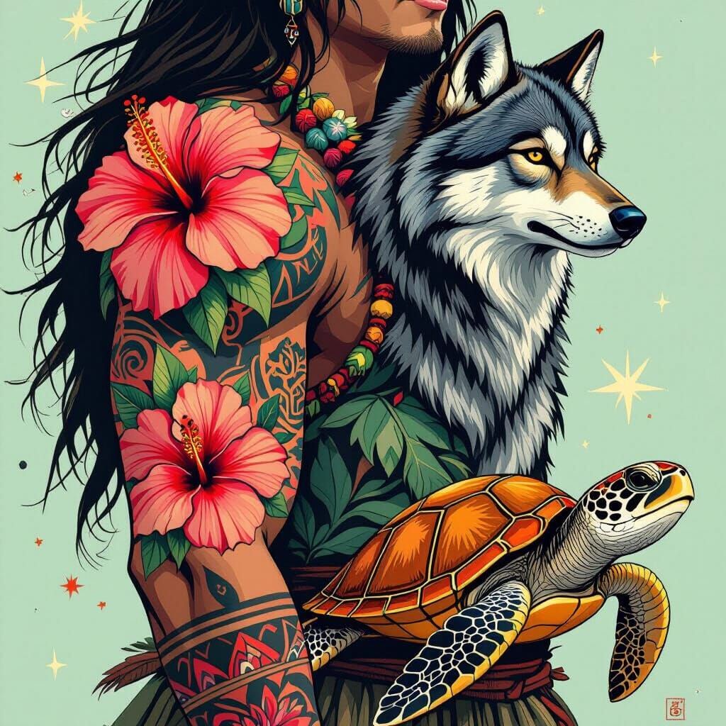 Hawaiian Arm Tattoo: Hibiscus, Wolf, and Turtle