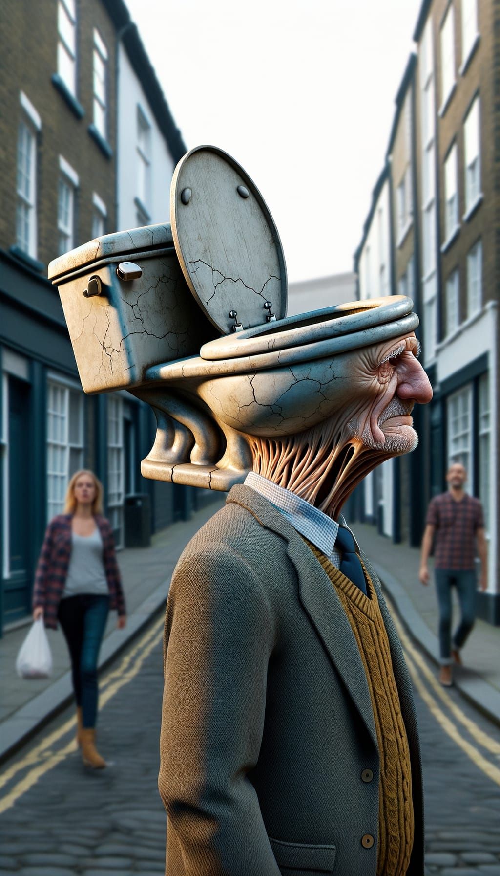 Surreal Elderly Gentleman Strolls Through City in Hyperreali...