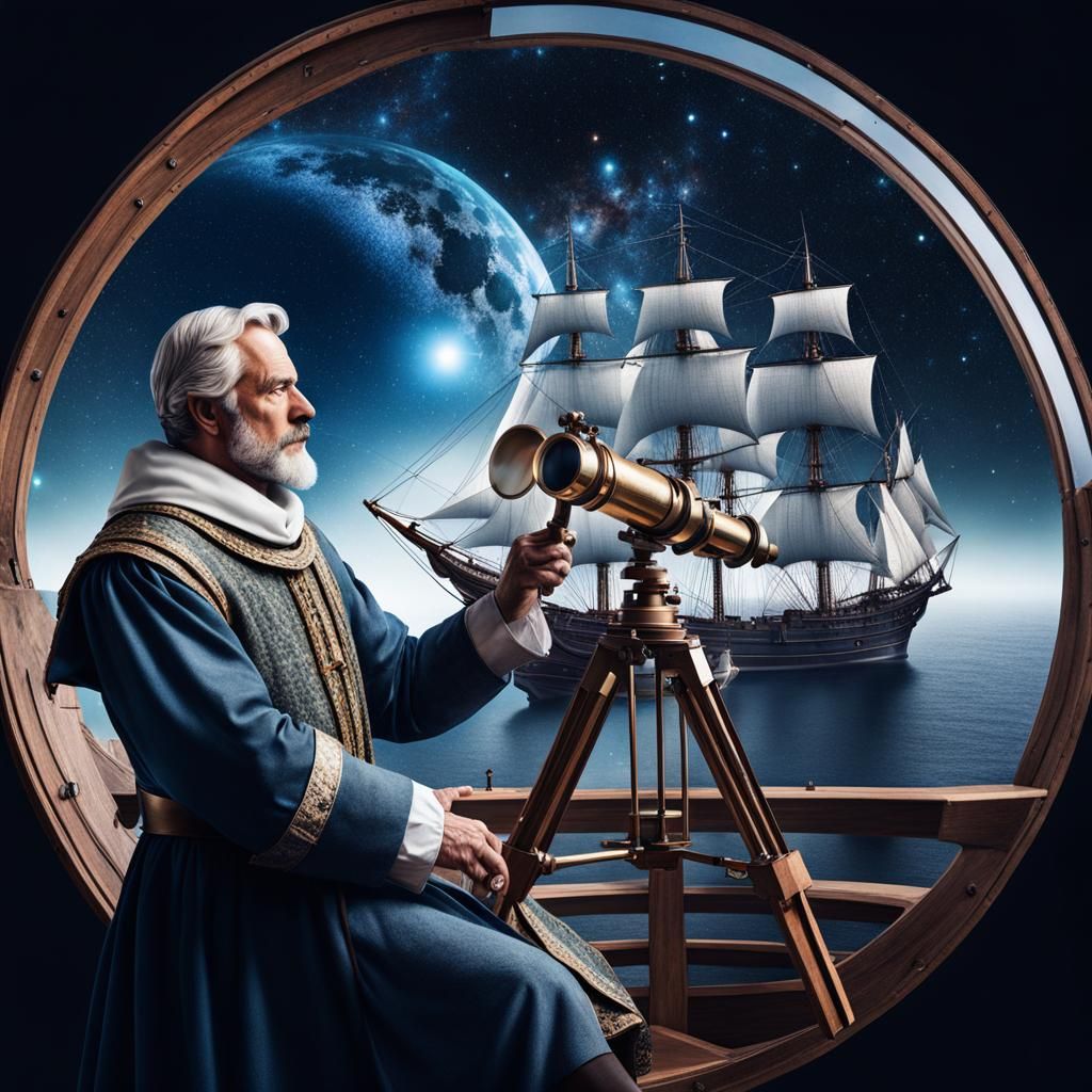 Copernicus Double Exposure: Medieval Astronomer in Hyperreal...