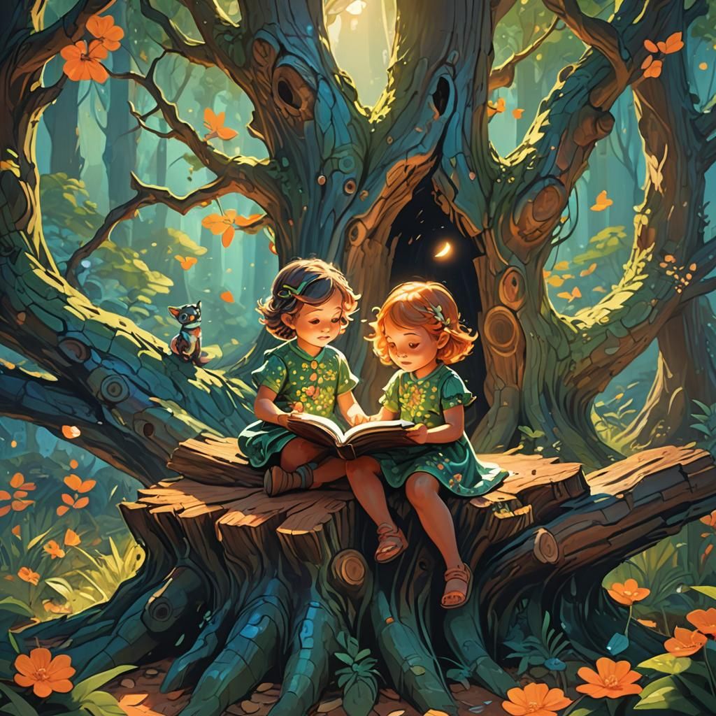 Enchanted Forest: Children Reading a Glowing Storybook