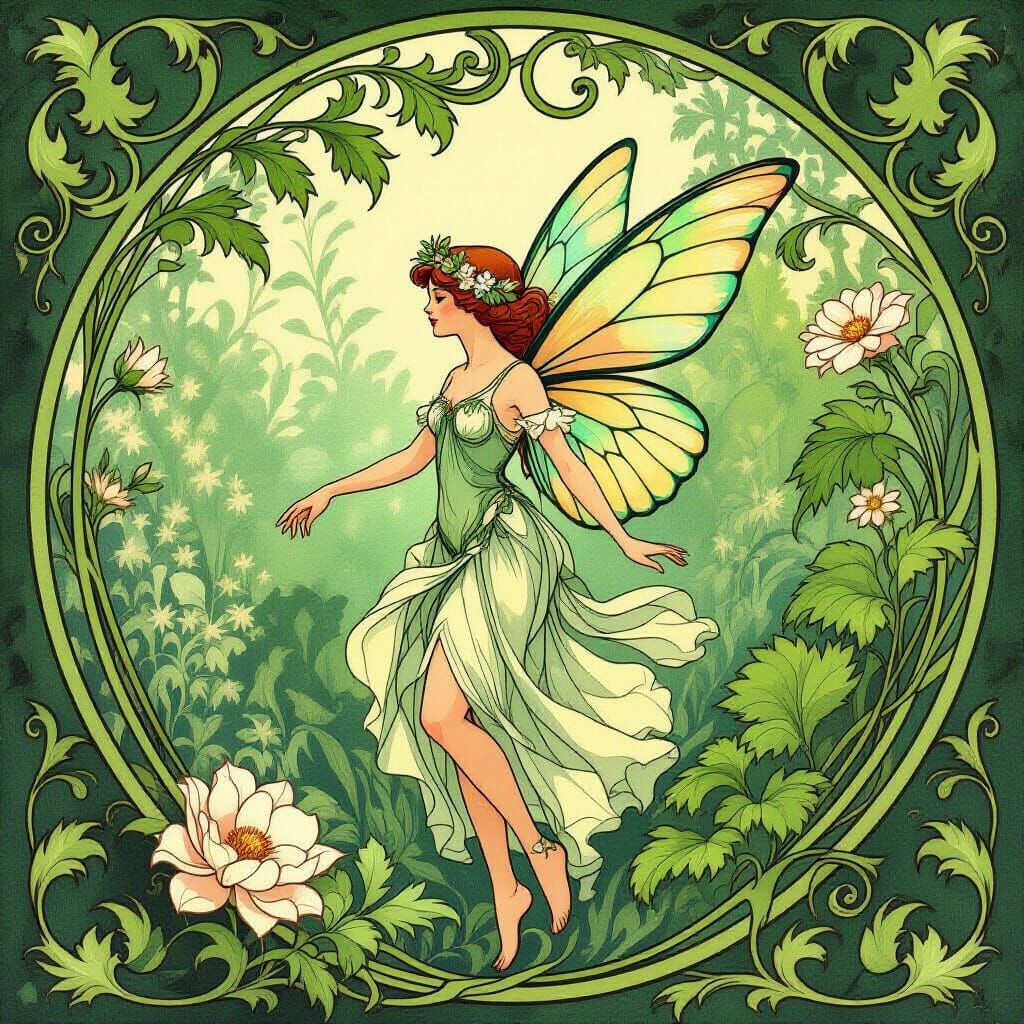 Art Nouveau Fairy in Lush Green Botanical Scene