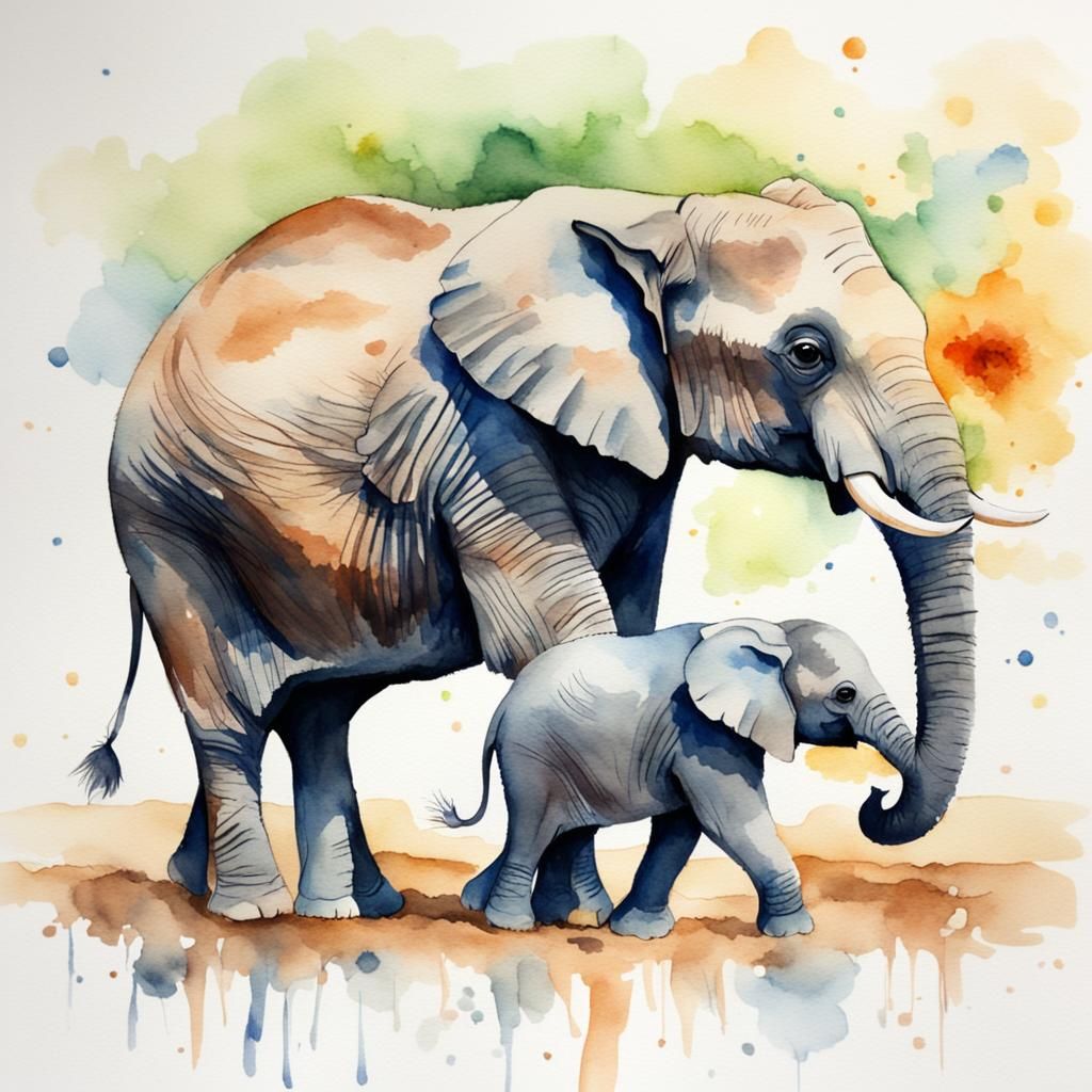 Watercolor Painting of a Baby Elephant Following Mother