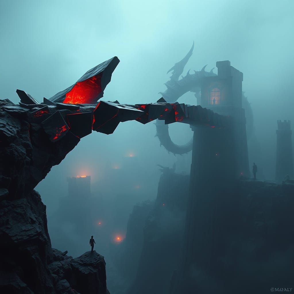 Ethereal Shattered Bridge Suspended Over Abyss in Dark Fanta...