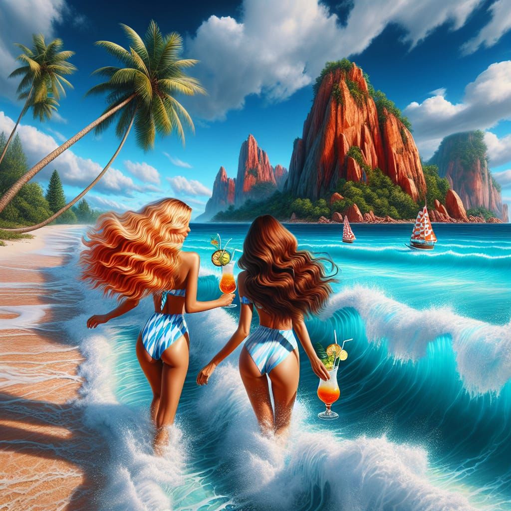 Tropical Beach Scene with Women in Bikinis