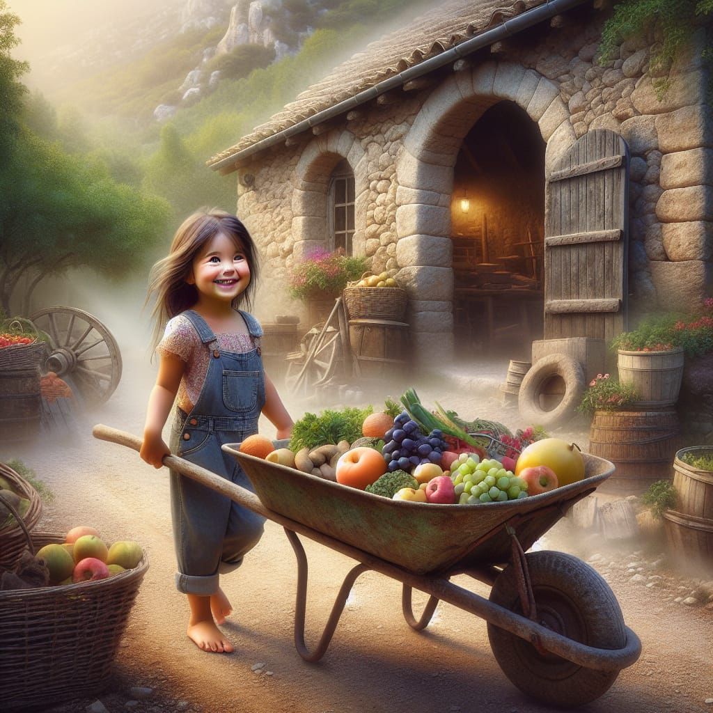 Girl with Wheelbarrow in Dreamy Provence Scene