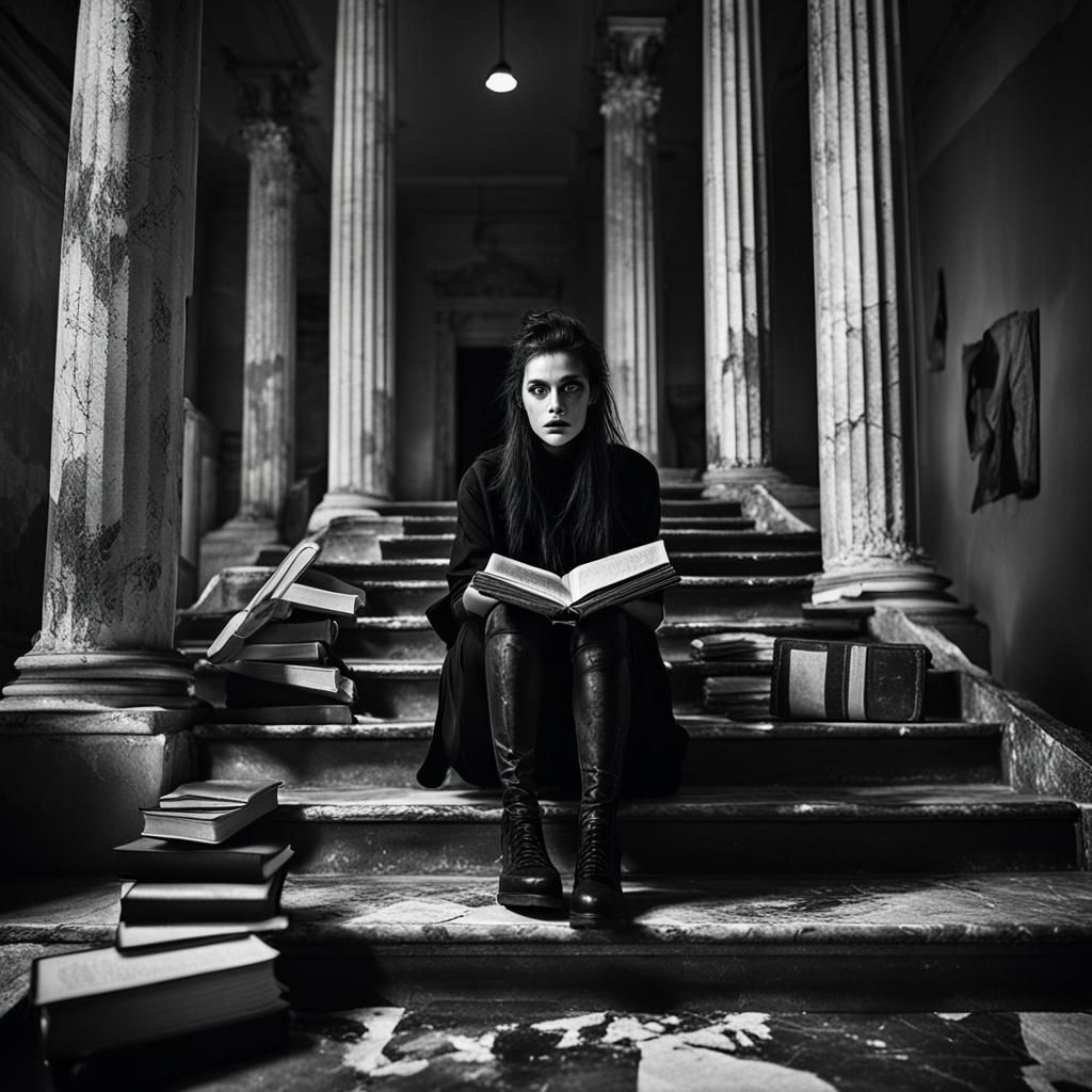 Gothic Model in Coffee Shop: Black and White Portrait