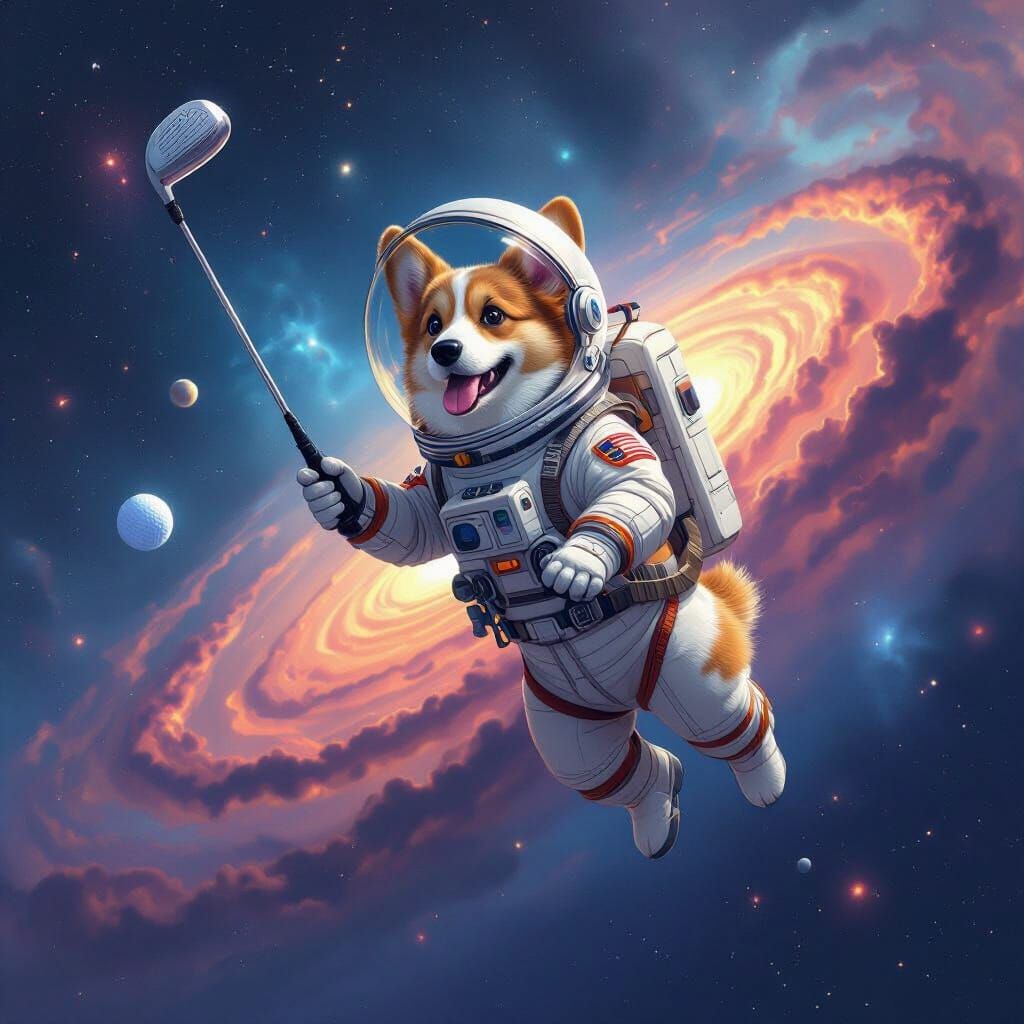 Corgi Cosmonaut Golfing in Space: Digital Art