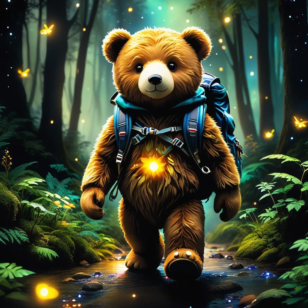Adventurous Teddy Bear in Enchanted Bioluminescent Forest