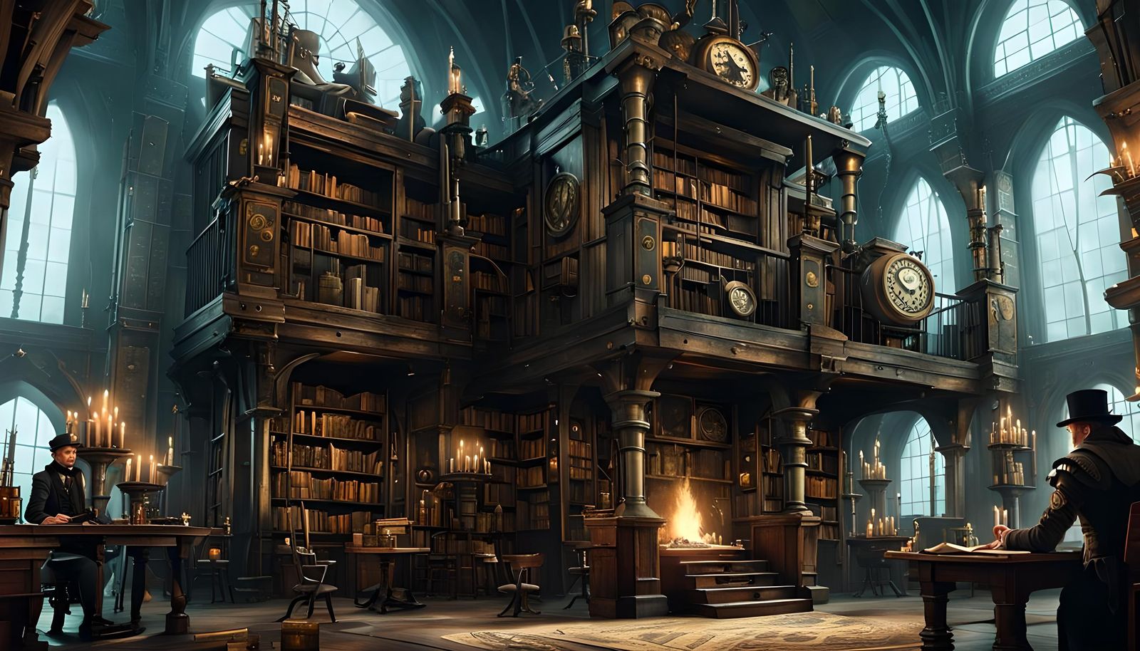 Steampunk Library Interior in Dark Fantasy Style