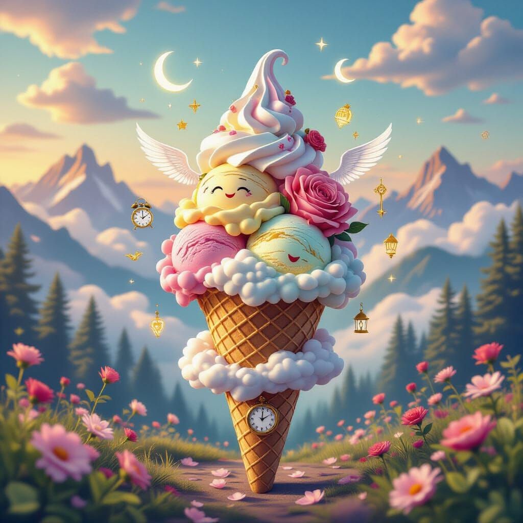 Sunrise Cloud Ice Cream Collage in Misty Forest