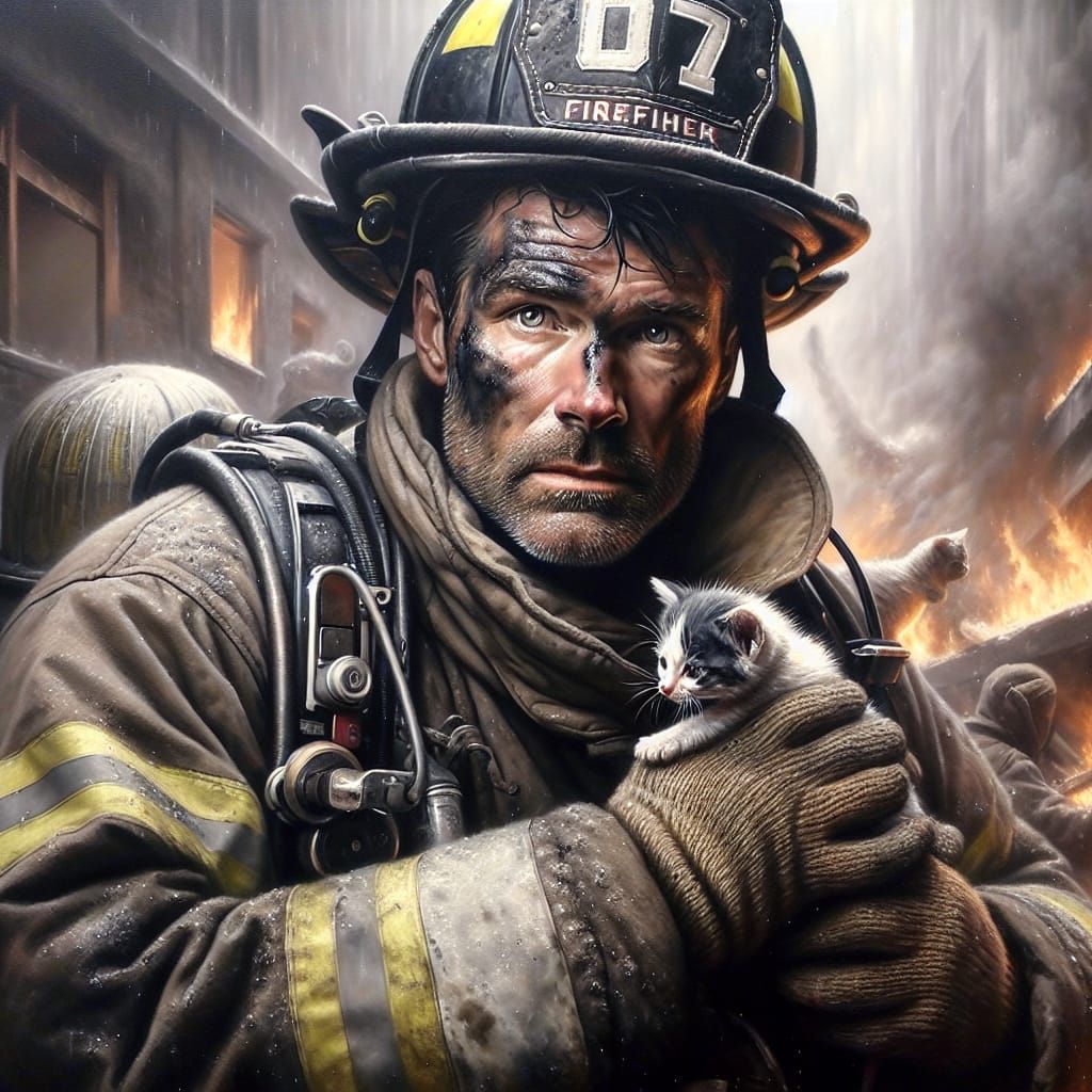 Heroic Firefighter Rescues Kitten: Oil Painting