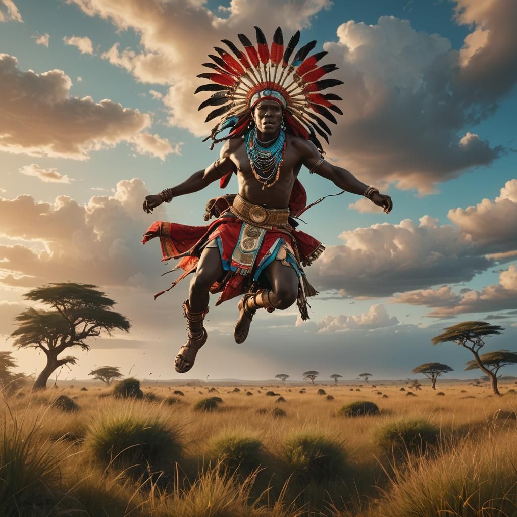 Maasai Warrior Leaping at Sunset in Fantasy Realism