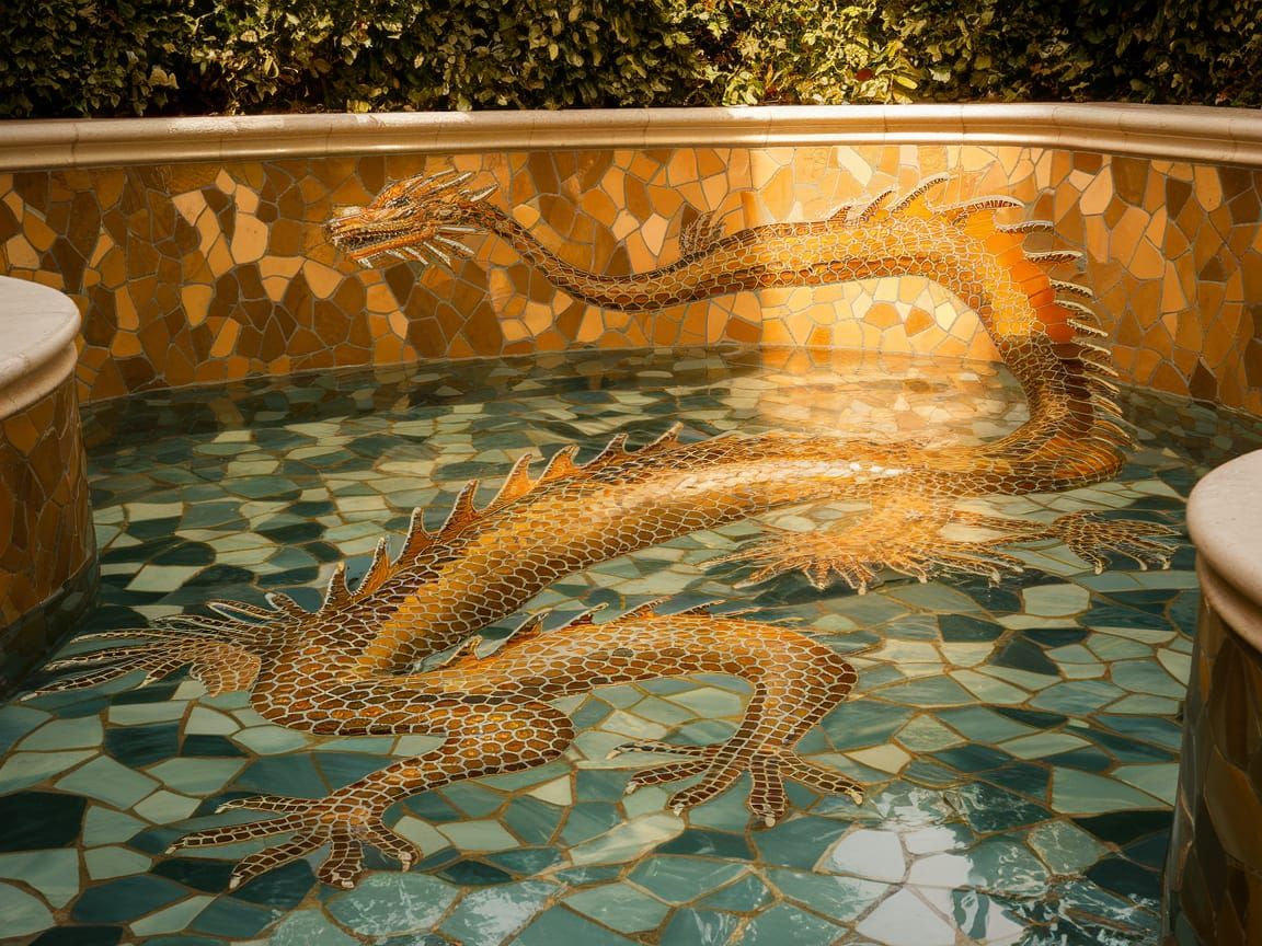 Majestic Roman Dragon Mosaic Pool in Sunlit Villa