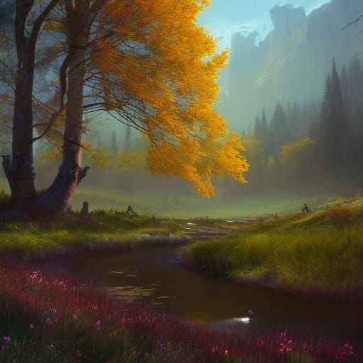 Golden Aspen Tree in a Gothic Flower Meadow