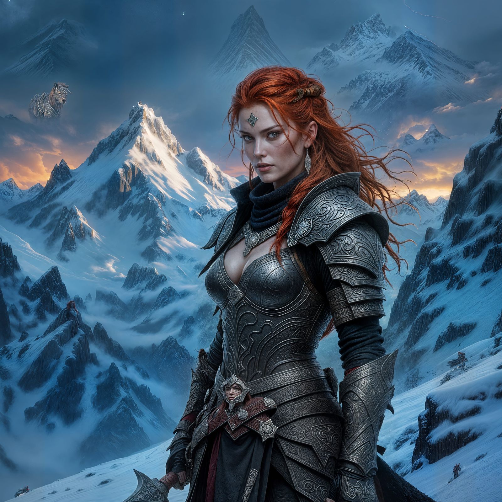 Red Haired Warrior in Tribal Armor on Mountain Pass