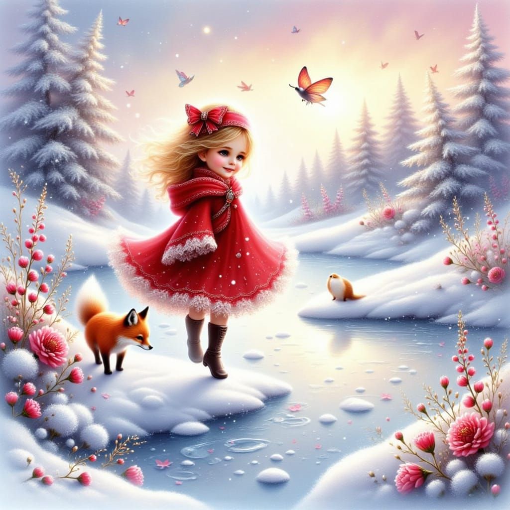 Whimsical Winter Wonderland Scene with Little Girl and Curio...