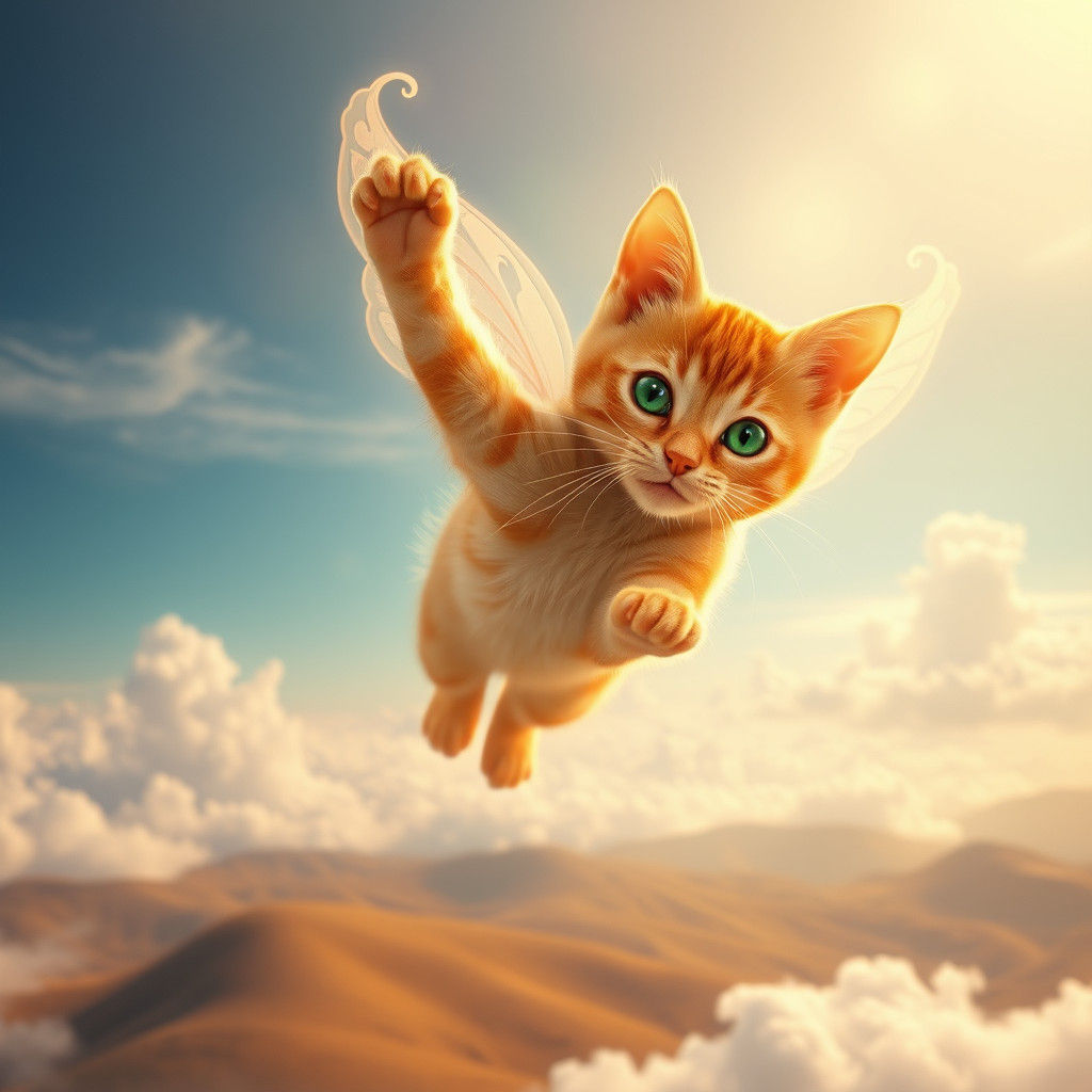 Orange Tabby Cat Soaring Through Magical Sky