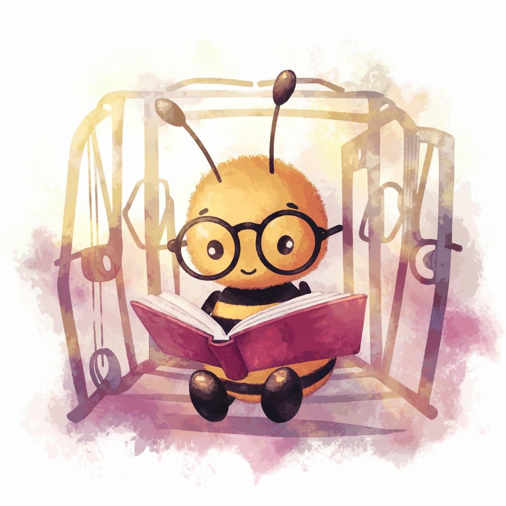 Charming Chibi Bee Reads in Whimsical Watercolor Gym Scene